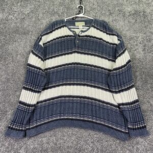 Vintage GreatLand Sweater Mens 2XL Blue Striped Henley Knit Heavyweight Casual